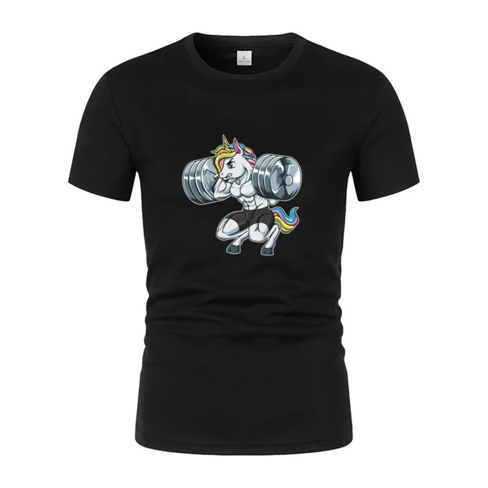 Fun Gym Unicorn Weightlifting Fitness Bodybuilding Printed Round Neck T-Shirt Summer Breathable Quick-Dryingcasual Short Sleeves
