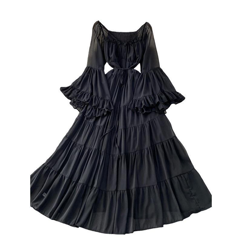 French Vacation Sexy One-word Shoulder Horn Sleeve Dress Women's Summer Senior Feeling Waist Thin Ruffle Edge Dress