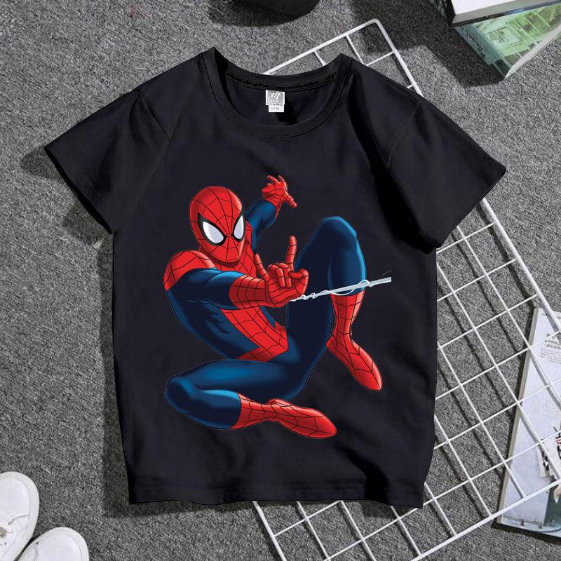 Summer Marvel Spider Unisex Cartoon Printed Tshirt Handsome Childrens Wear Pure Cotton Round Neck Personalized Parent Child Wear