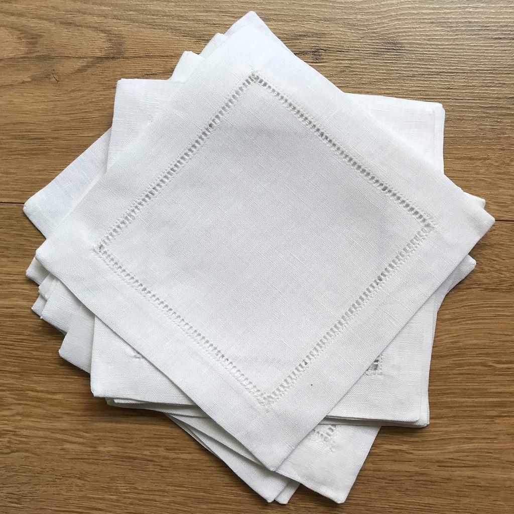White Linen Cocktail Napkin 6"x6"-A Dozen Cloth Napkin Coasters-Ladder Hemstitch 100% Linen Beverage Party Napkin Coasters