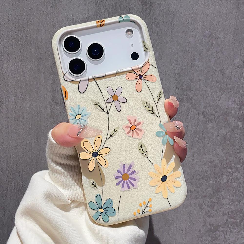 Dreamy Flower Print Lychee Protective Phone Case For iPhone 17 Air 16 15 13 12 11 ProMax Pro Plus Anti-Scratch Funda Bumper