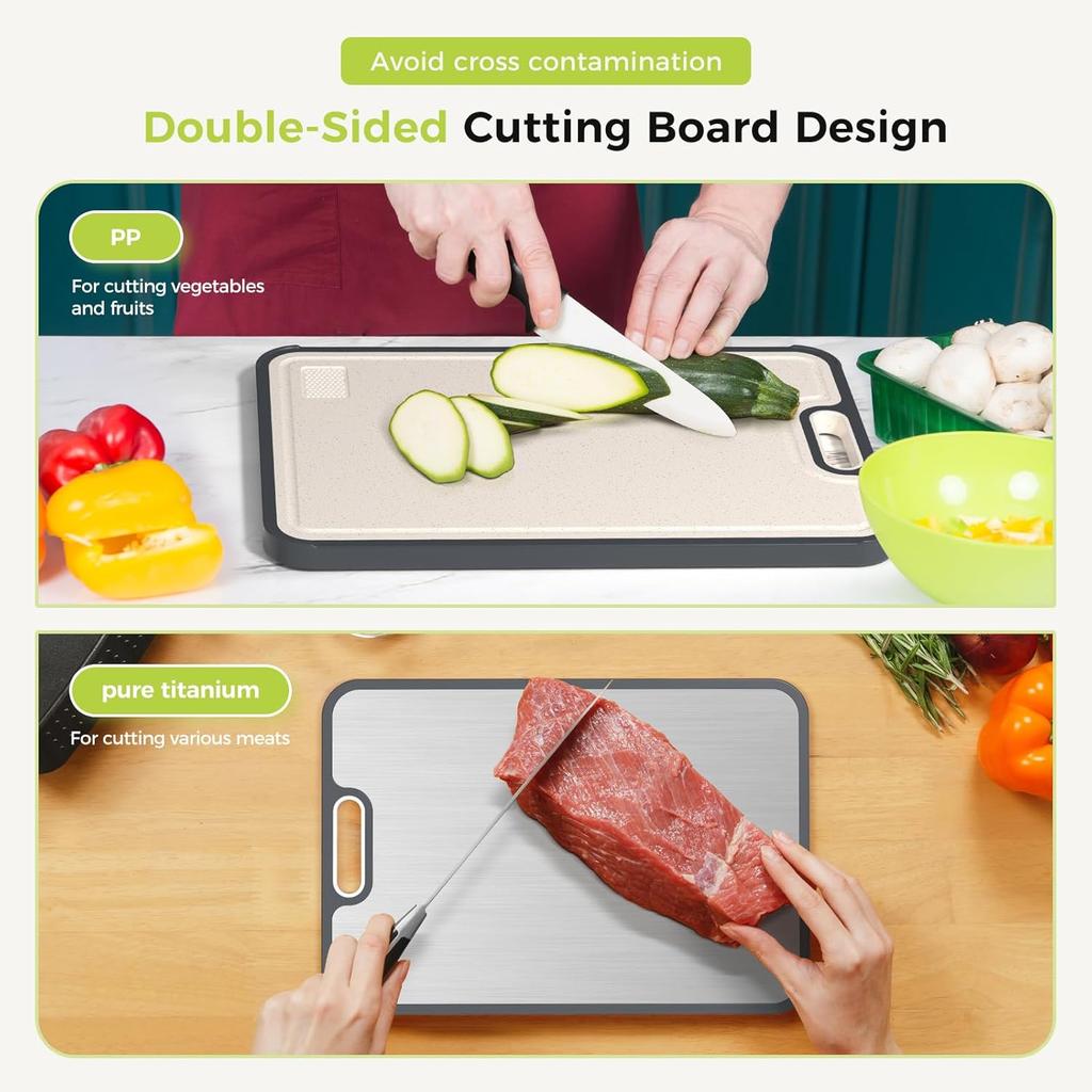 Double Sided Food Grade Pure Titanium Cutting Board for Kitchen Wheat Straw PP Chopping Boards for Meat Vegetables Fruits Cheese