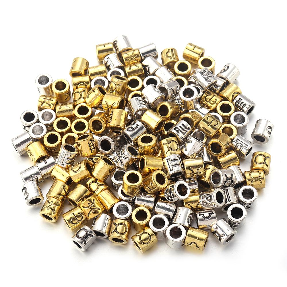 60pcs/lot Twelve Constellations Beads Alloy Beads Big Hole Tube Beads Spacer Loose Beads For Jewelry Making DIY Accessories