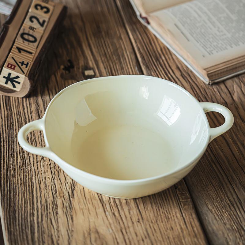 Cream Color Solid Color Ceramic Binaural Bowl Household Soup Bowl Tableware Bowl Binaural Yogurt Bowl Fruit Salad Bowl Noodle Bowl