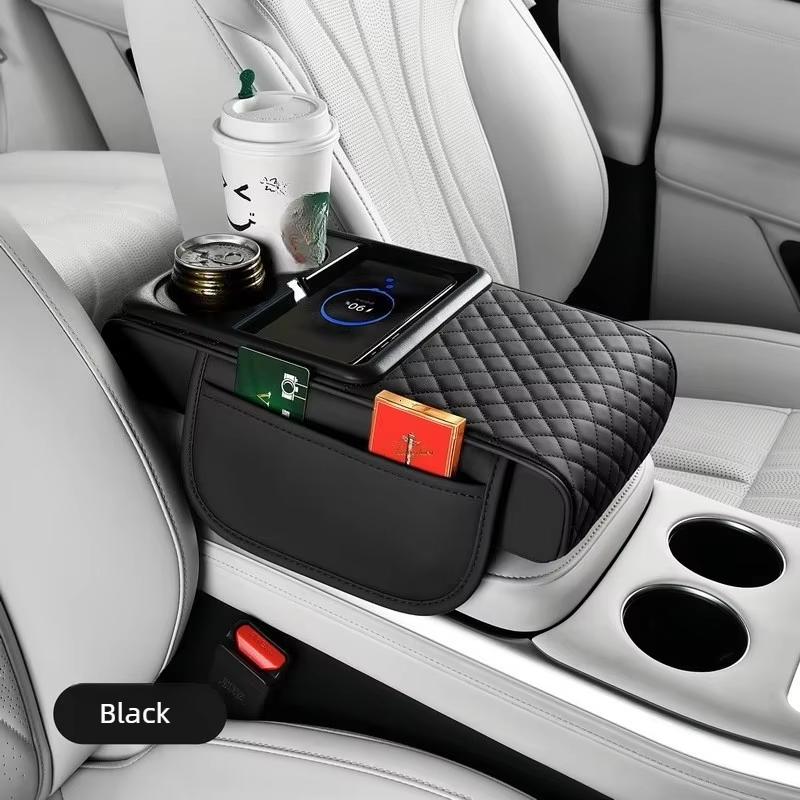 Multifunctional Car Armrest Box with Wireless Charging Thicken Height Pad Arm Rest Cushion Phone Tissue Cup Holder Car Box чёрный