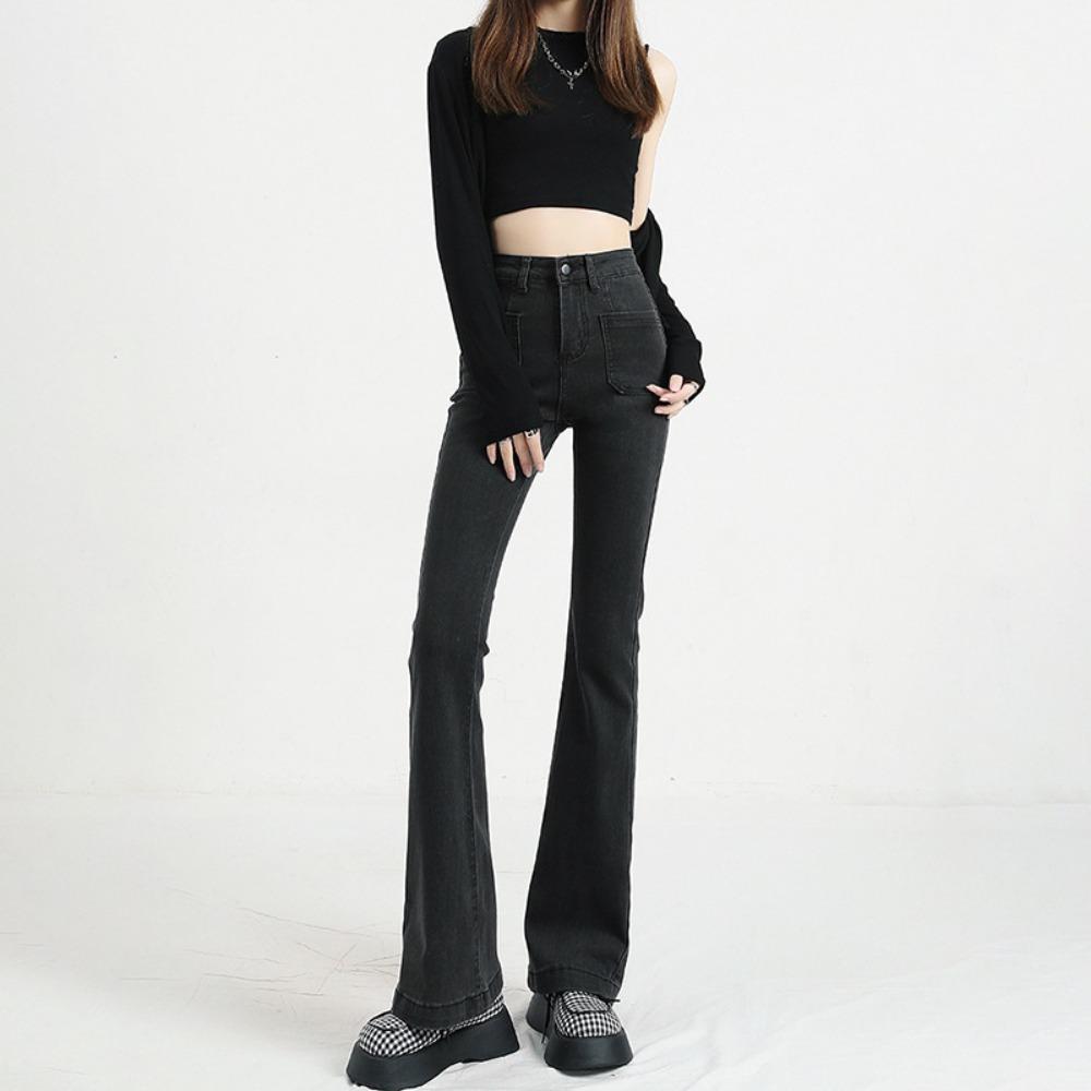 Black and gray Spice Girl micro-pull jeans women's 2025 new spring and autumn high-waisted hips and thin flared jeans