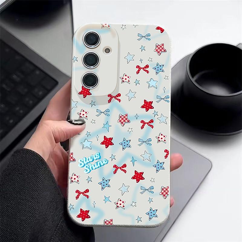 Blauer Stern Schleifen Muster Hülle Für Samsung Galaxy S25 Edge S24 Ultra S23 S22 Plus S21 FE S26 Ultra Lederstruktur Silikonhülle