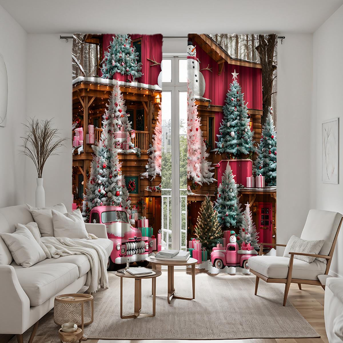 

Набор из 2 предметов HD Рождественская снежная елка Розовая декоративная занавеска для грузовика Красная завязка цифровая печатная занавеска для украшения дома в стиле украшения W52H63inchW132H160cm