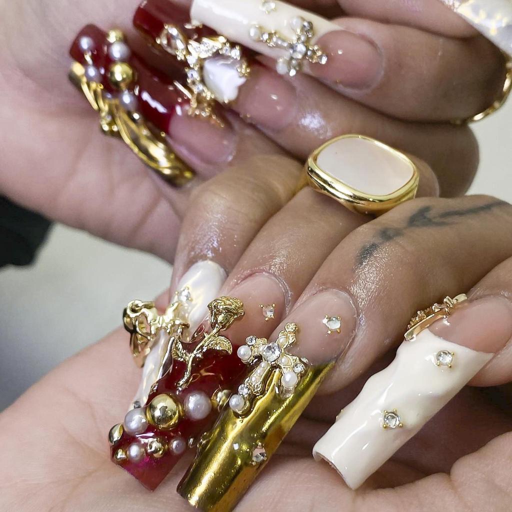 64-Piece Gold Nail Charm Set: Cross, Heart, Rose - Y2K 3D Chrome Decorations