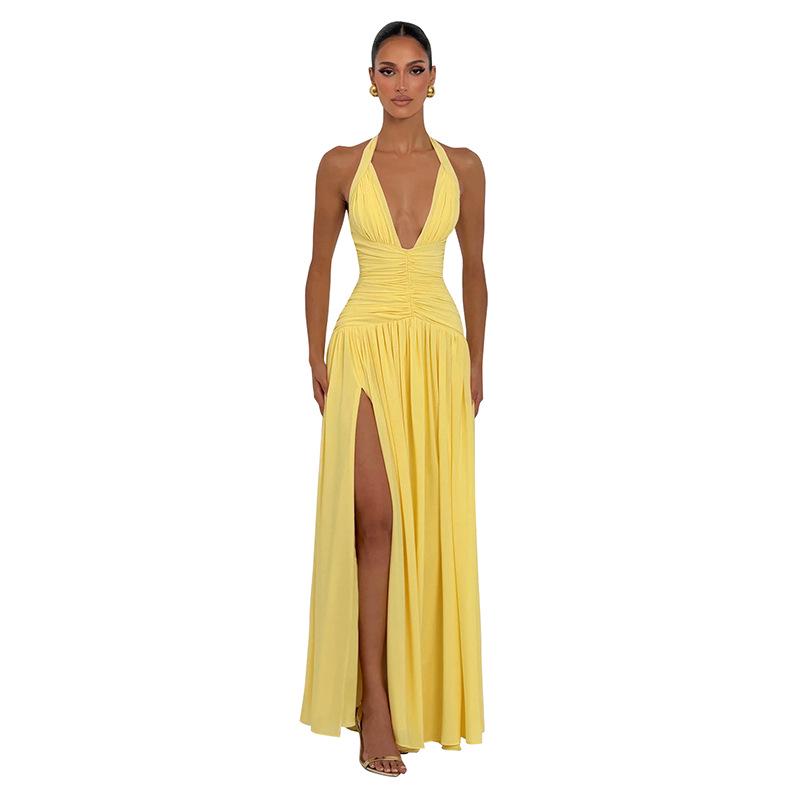 J26DS080 European & American Women's V-neck Tie-up Slit Dress - Spring/Summer Collection