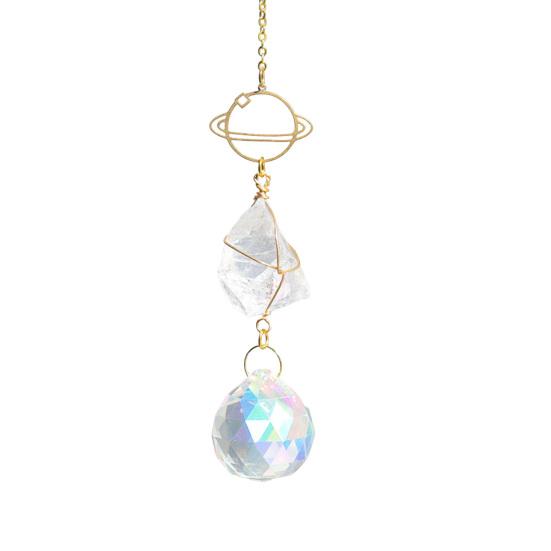 Crystal Sun Catchers for Windows, Colorful Healing Light Crystal Suncatcher, Prism Crystal Hanging Pendant with Chains, Gold-Plated Wind Chimes,