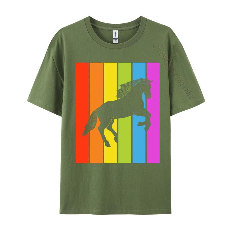 Cute Rainbow Horse Jumping Equestrian Image Casual Europe Tops Shirt Latest Cotton Tops Shirts Men's Men Tshirt Printed On