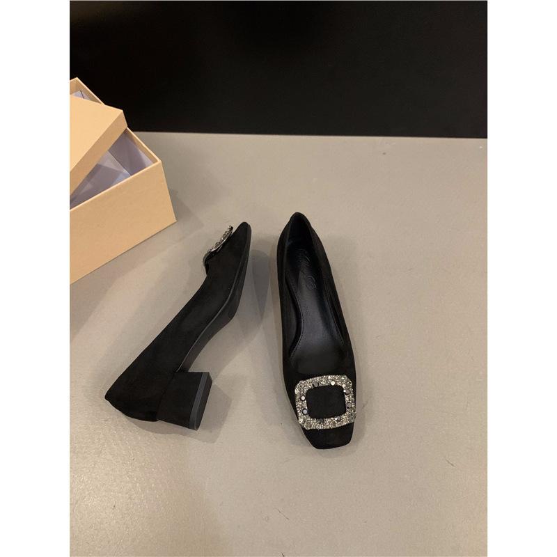 High-heeled Square-headed Rhinestone Single Shoes Women's Shoes 2025 New Autumn and Winter Black Temperament Thick-heeled Commuter Shoes