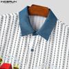 INCERUN Übergroße Herren Lapel-Kragen Kurzarm Gestreiftes Muster Patchwork Lässige Lockere T-Shirts Tops
