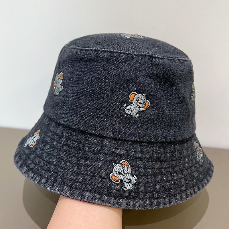 Retro Washed Distressed Embroidered Denim Hat for Women, Summer Large Brim, Face-Slimming Bucket Hat
