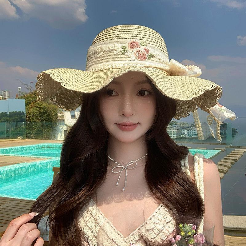 Summer Bow Big Brim Sunshade Straw Hat Female Sweet and Cute Seaside Sunscreen Beach Vacation Hat Big Brim Hat
