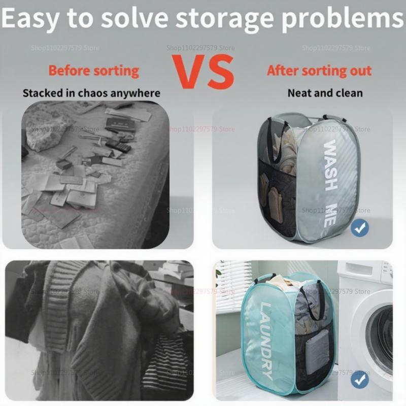 Large Laundry Basket Collapsible Mesh Pop Up Laundry Bag Side Pocket Breathable Clothes Storage Laundry Storage Organization