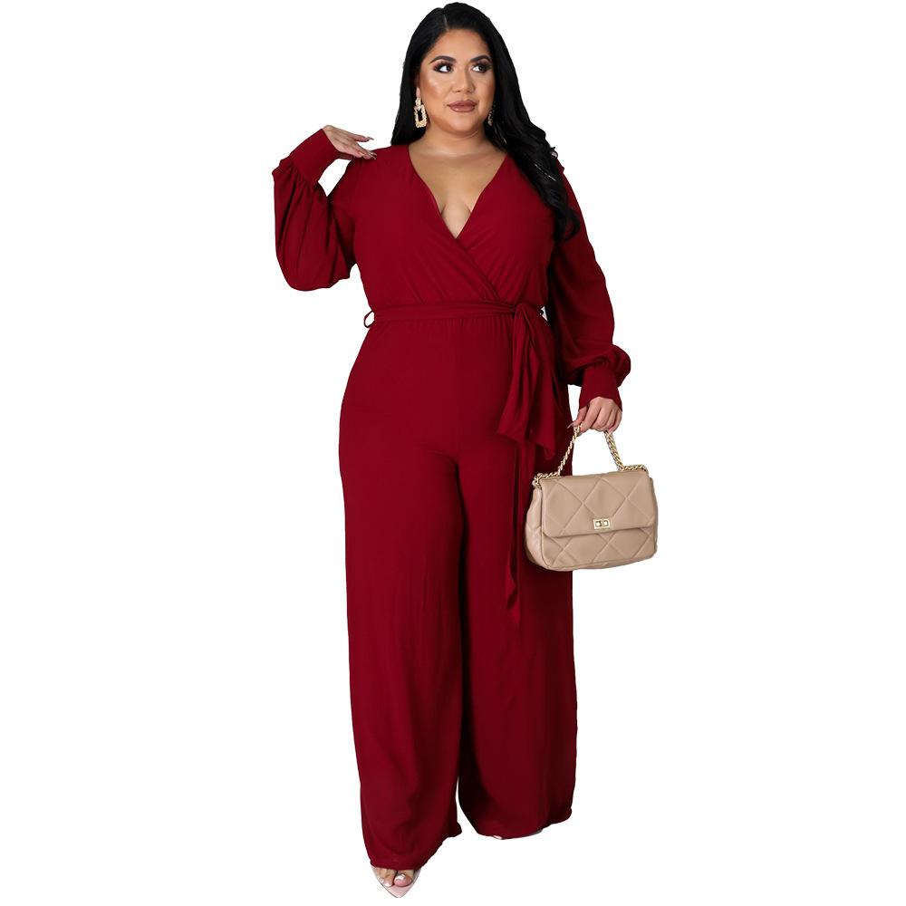 Tuta da Donna Taglie Forti Moda Temperamento Ampia Gamba Dritta Tinta Unita Cintura