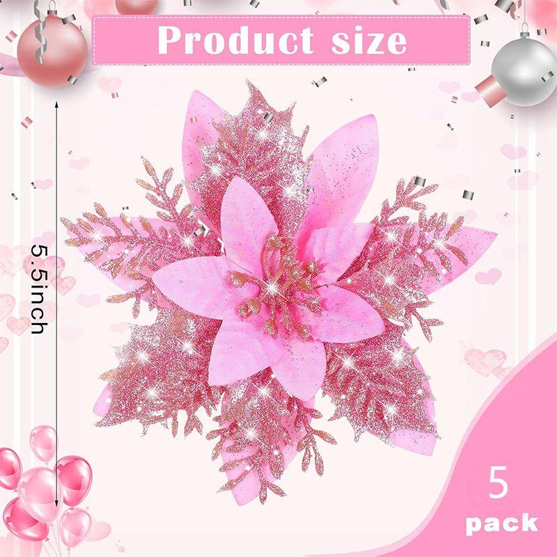 1bag 5pcs Christmas Decorations Glitter Polyester  Artificial Christmas Flowers for Christmas Tree Ornament Party Wreath Decor