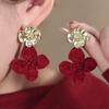 French Retro Flocking Flower Earrings Niche Earrings High-End Ankola Red Fashion Stud Earrings Light Luxury Temperament Earrings