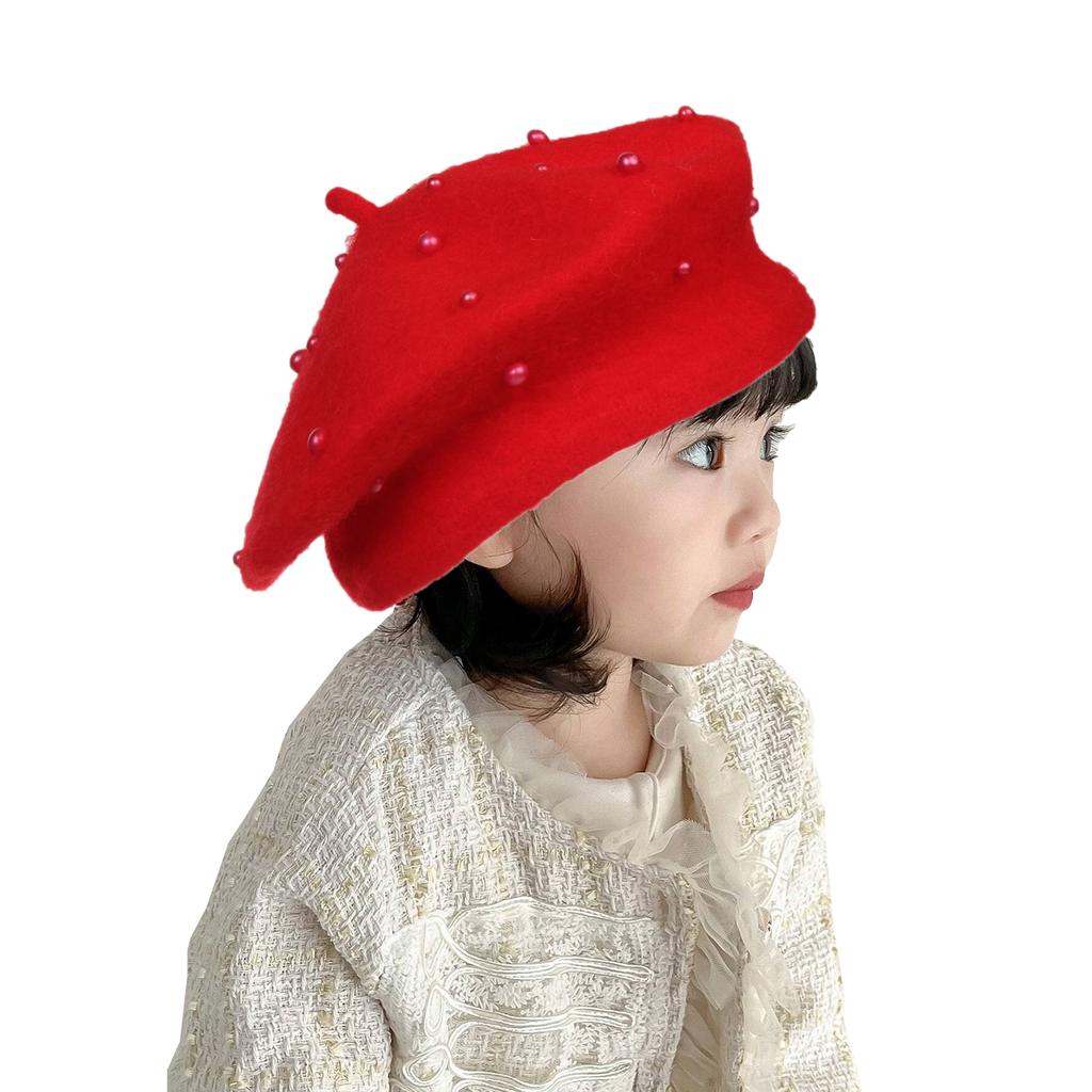 Kids Pearl Decor Beret Hat, Girls French Style Wool Painter Beret, Autumn Winter Warm Beanie Cap for 2‑6 Years Old, Head Circumference 48‑53cm
