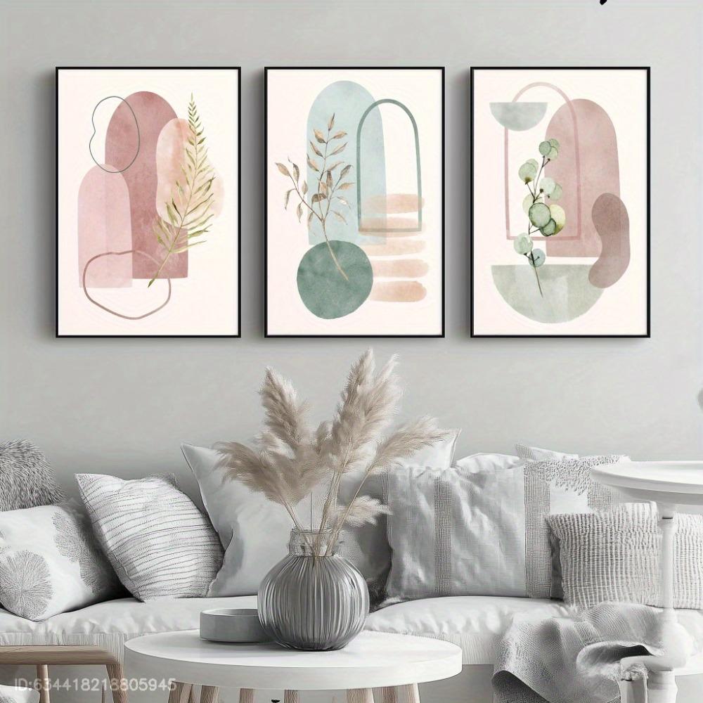 3pcs Frameless,Contemporary Wall Decor with Abstract Shapes,Bohemian Style Typography,Green,Pink and Beige Color Leaf Prints