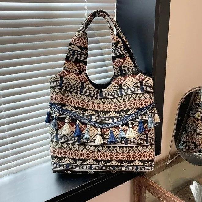 WTEMPO Trendy Women's Casual Versatile Handbags Nylon Ethnic Style Office Ladies Bags with Top Handle Work Meal Bag Lunch Bag