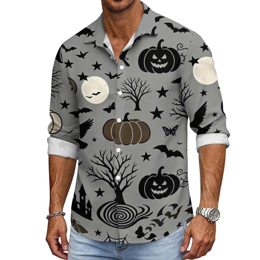 Men's Loose Fit Long Sleeve Shirt with Turn Down Collar Halloween Theme Vintage Casual Button Down Shirt for Spring Autumn Outdoor Daily Wear