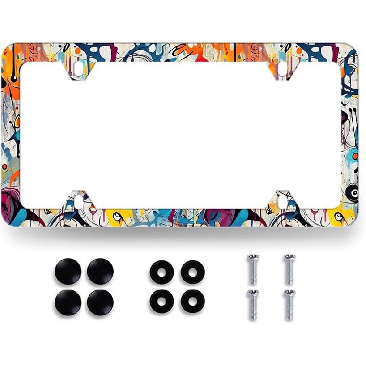 Abstract Graffiti Pattern License Plate Frame Colorful License Plate Stainless Steel Car Accessory Funny License Plate Auto Parts Decoration Men Abstract Colorful Graffit