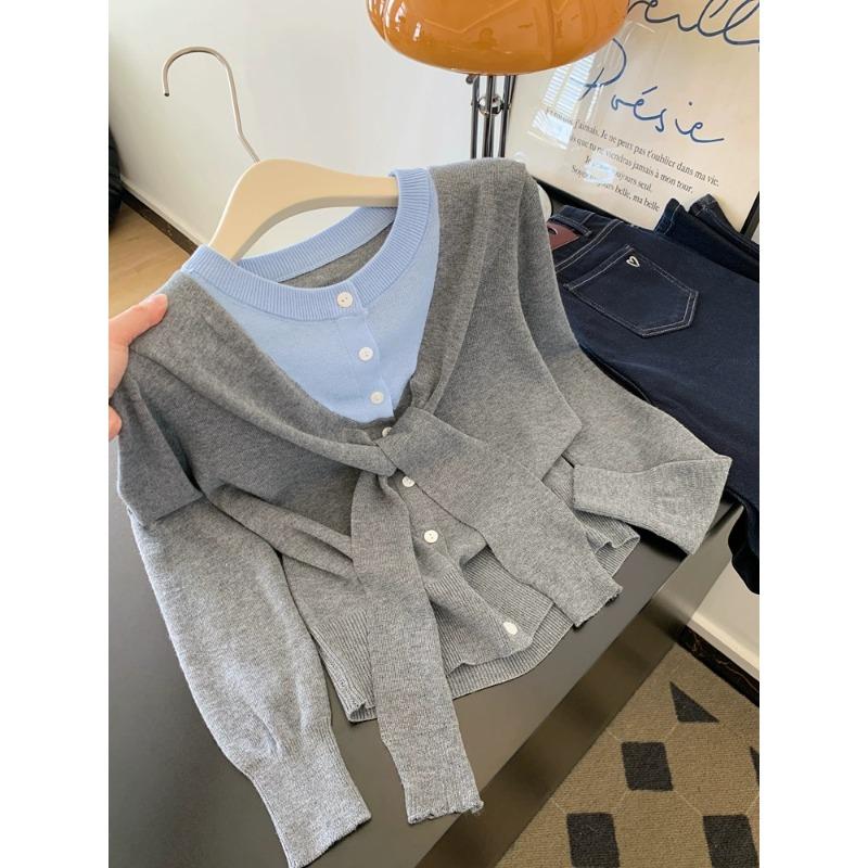 

Женский тонкий трикотажный свитер с длинными рукавами, контрастного цвета, имитирующий двойку, новый высококачественный топ, одежда с атмосферой начала осени one size fits all серый