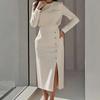 2026 Spring European & American Women's Elegant Slimming Evening Gown - Solid Color Long Dress with Slit