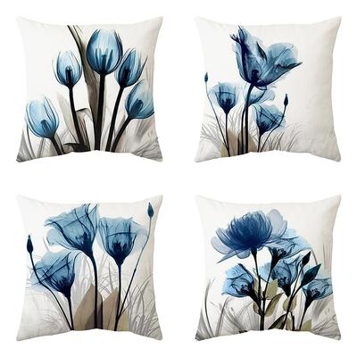 Home Modern Simple Style Blue Flower Series Plush Linen Pillow Cushion Pillow Case
