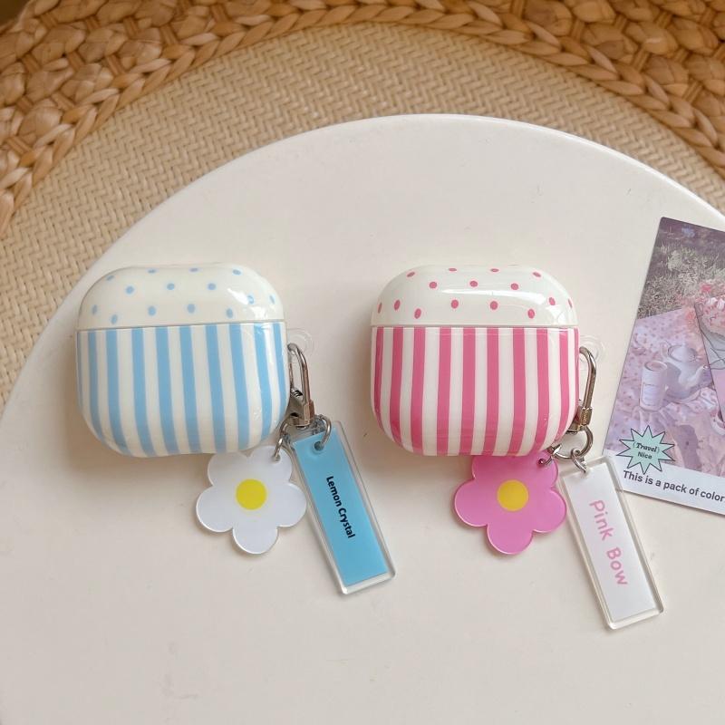 Blue-Pink Strips Pattern IMD Earphone Case with Pendant For Airpods 1, 2, 3, 4, Pro, Pro2, Pro3