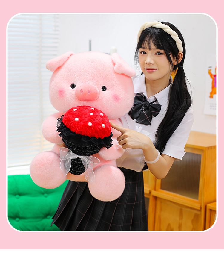 Large Plush Pig Doll - Cute Stuffed Animal Gift for Girlfriend, Valentine's Day, or Birthday - Pig Holding a Flower