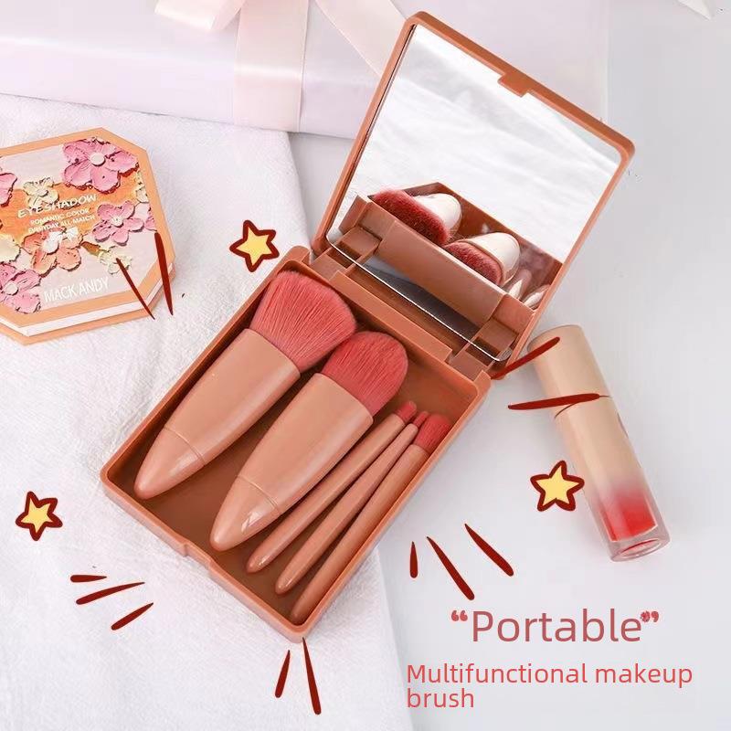 5-teiliges tragbares Make-up-Pinselset mit Spiegel - Multifunktionales Beauty-Tool für Puder und Rouge