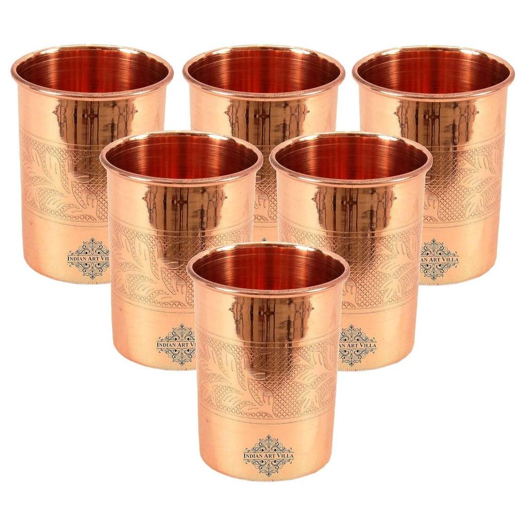 Copper Water Glasses with Embossed Design, Drinkware & Serveware, Ayurvedic Health Benefits, 300 ml Capacity, Set of 6