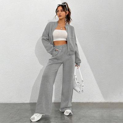 2 Pcs/Set Women Coat Pants Set Stand Collar Long Sleeve Zip-up Elastic Cuff Jacket Drawstring Stretchy High Waist Wide Leg Trousers Sport Fitness