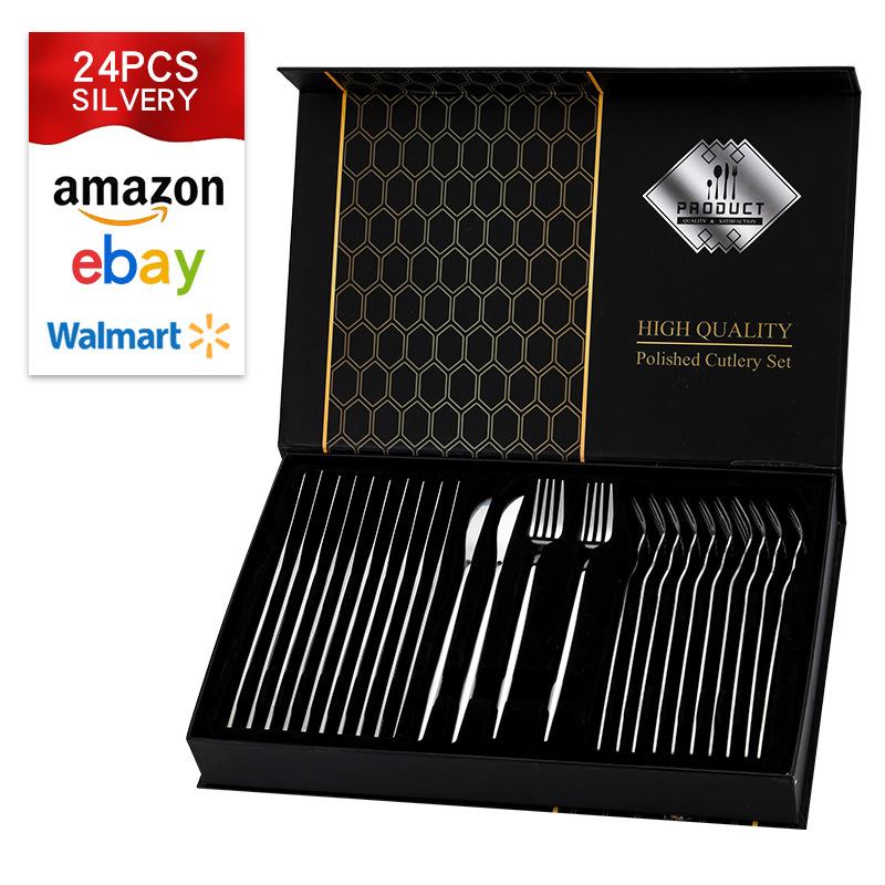

Посуда из нержавеющей стали, подарочная коробка из 24 предметов, нож и вилка для стейка в стиле вестерн для семейного отеля 24set серебряный