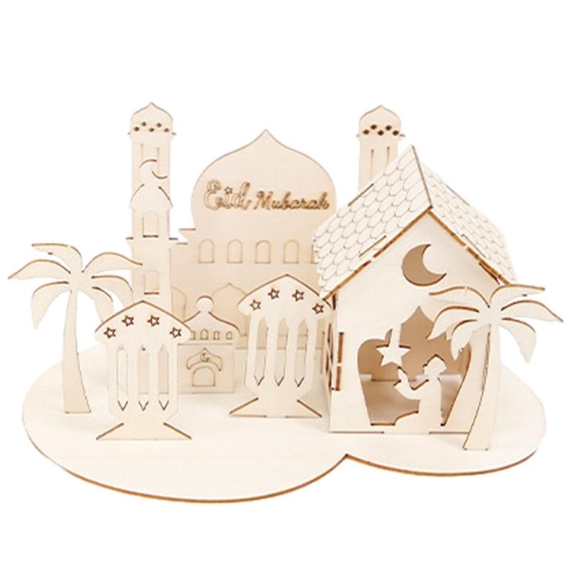 EID Puzzle Ornament DIY Castles Wood Decoration EID Craft Home Tabletop Ornament Middle East Festival Celebration Party