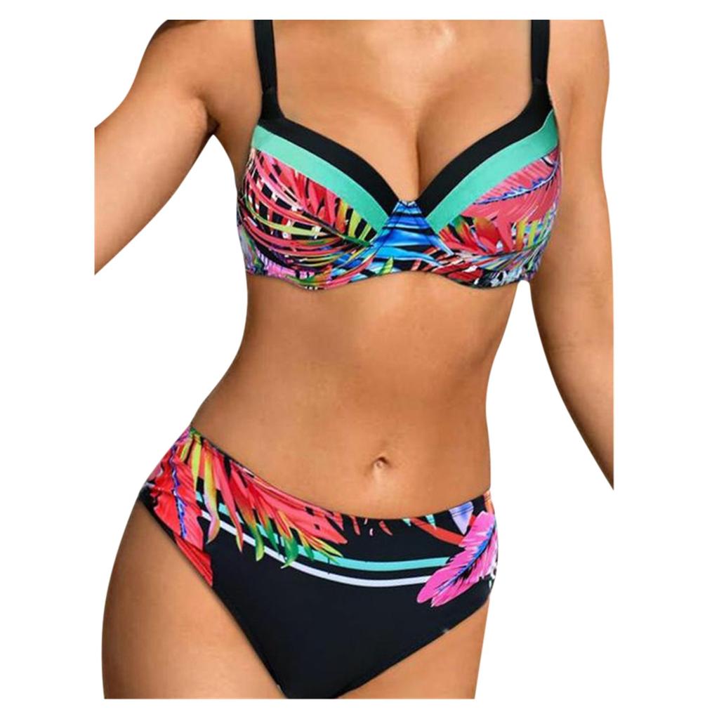 Women's Fashion Sexy Leaf Print High Waist Split Swimsuit Bikini