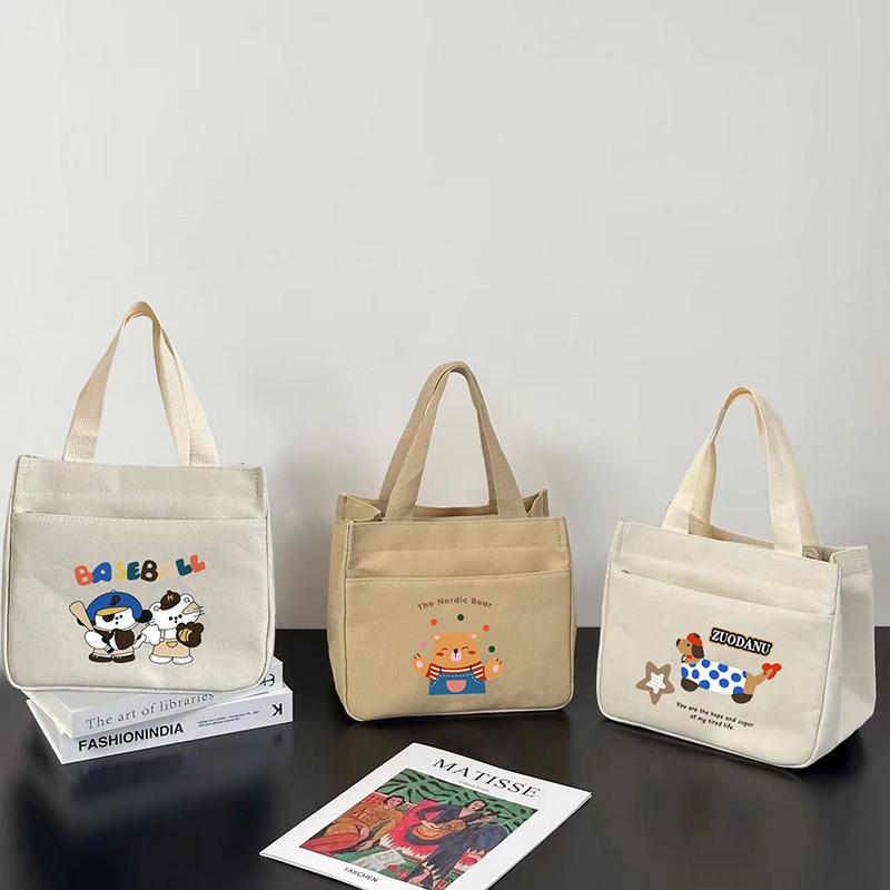 Cartoon Printed Canvas Versatile Handbag Commuting Office Worker Lunch Bento Tote Bag