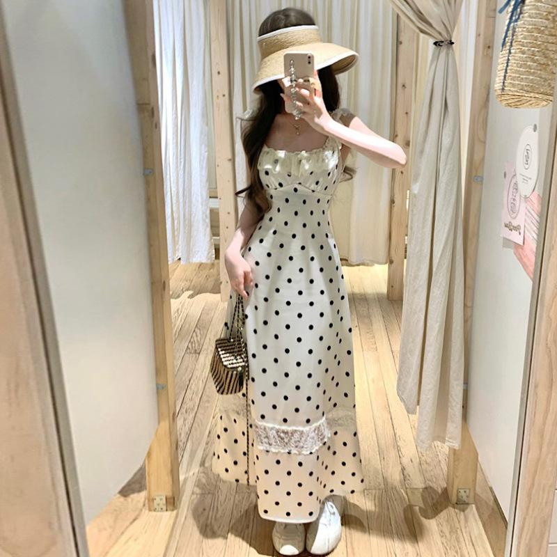 French pure desire style sweet and spicy polka dot suspender dress women's new temperament waist slim and thin skirt summer