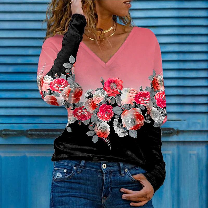 Градиентный розовый принт женские футболки женские топы с длинным рукавом V-образный — фото 4