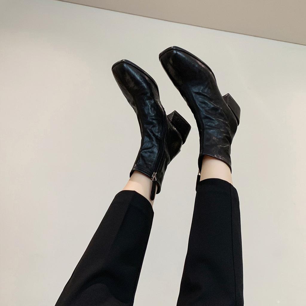 [Autumn and Winter Explosion] Korean Square Head Washed Horse Skin Thin Short Boots Thick Heel Side Zipper Thick Sole Small Ankle Boots Children