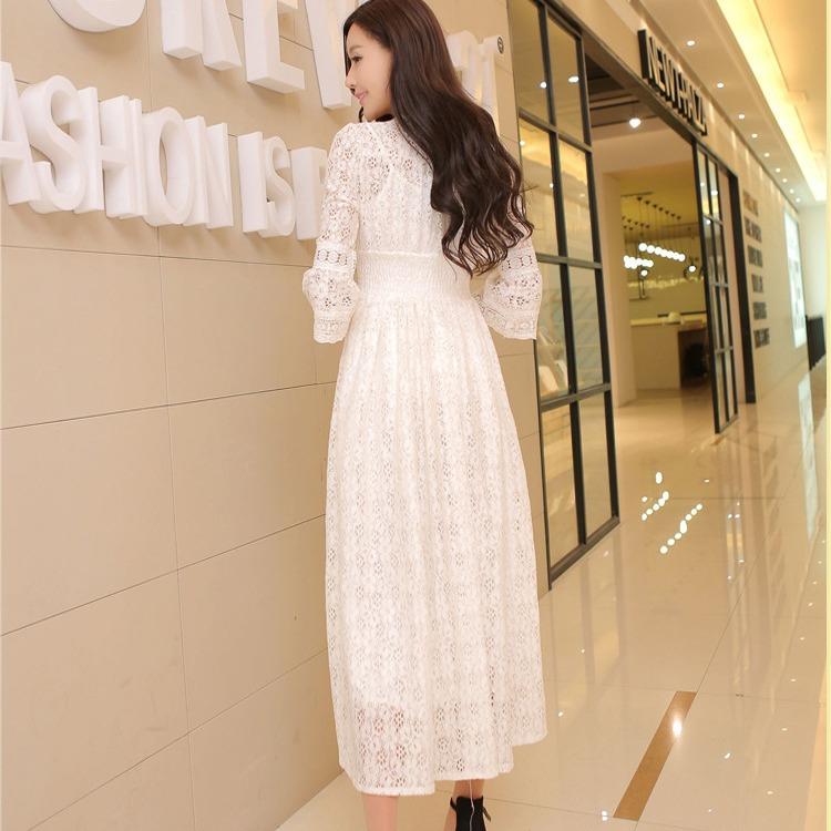 Slim Fit Women Lace V-neck Beach Dress Vacation Fashion Trendy Floral Printed One-piece Mid-length Skirt