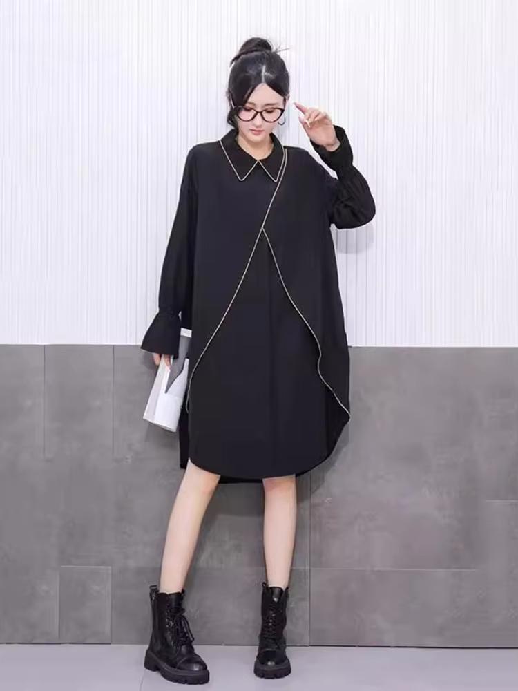 

XITAO Asymmetrical Split Turn-down Collar Dress GYX1521 One Size чёрный