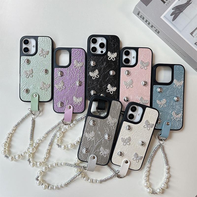 Silver Bead Bow for IPhone 16 Mobile Phone Case 14 Protective Cover for IPhone 17 Promax Pearl Bracelet 15