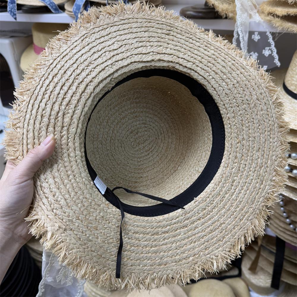 Summer Bow Streamer Straw Hat Women's Vacation Beach Hat Flat Top Lafite Straw Sun Hat