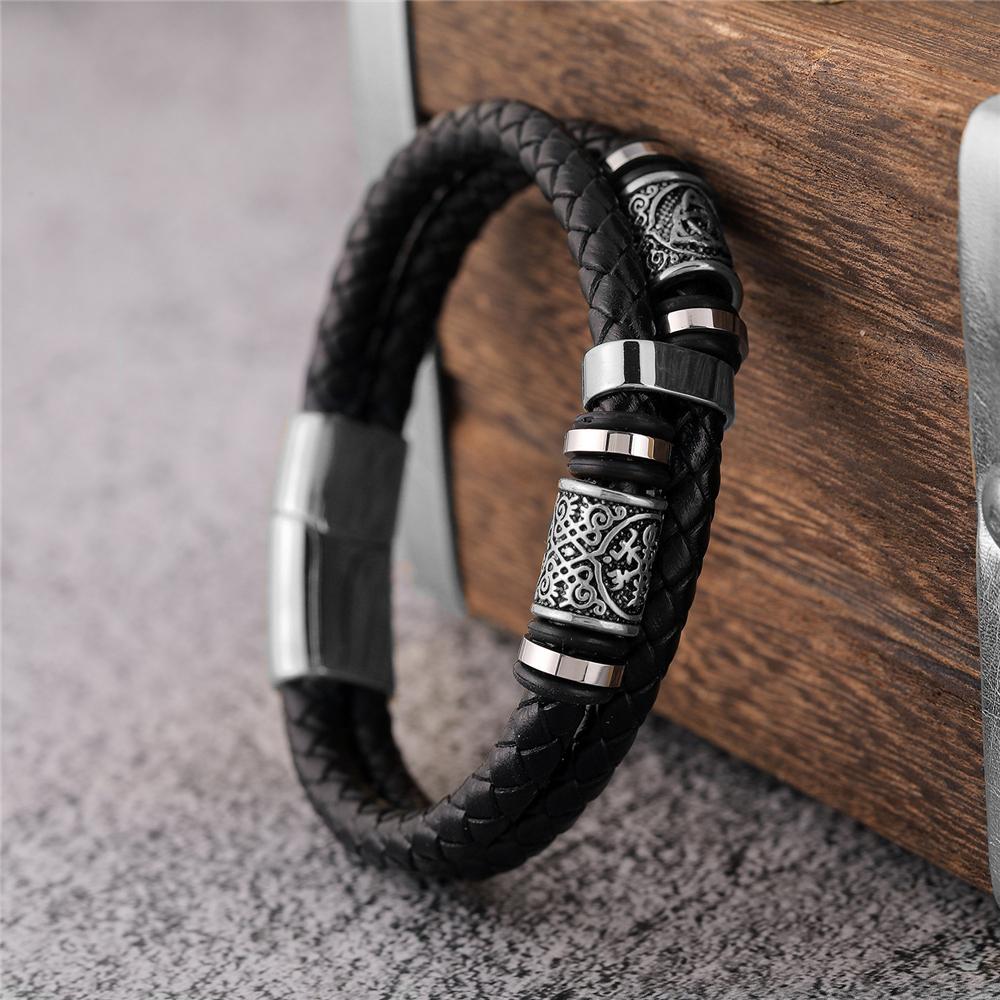 Viking Norse Runes Bracelet Stainless Steel Genuine Leather Adjustable Bangle Men Women Punk Jewelry Scandinavian Couple Gifts
