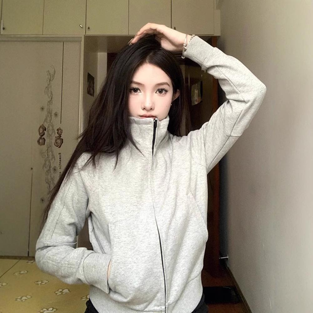 

Women s Gray Double Zipper Stand-Up Collar Sweatshirt Jacket - Short Style for Early Spring/Autumn 2025 XL [120-140 lbs] сірий колір